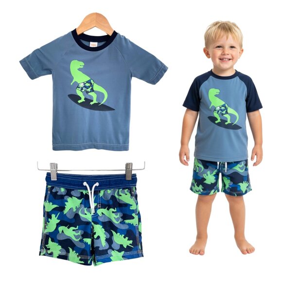 Gymboree Swim Suit Boys 2T Rash Guard Board Shorts 18-24 Dinosaur Blue Green - Picture 1 of 15